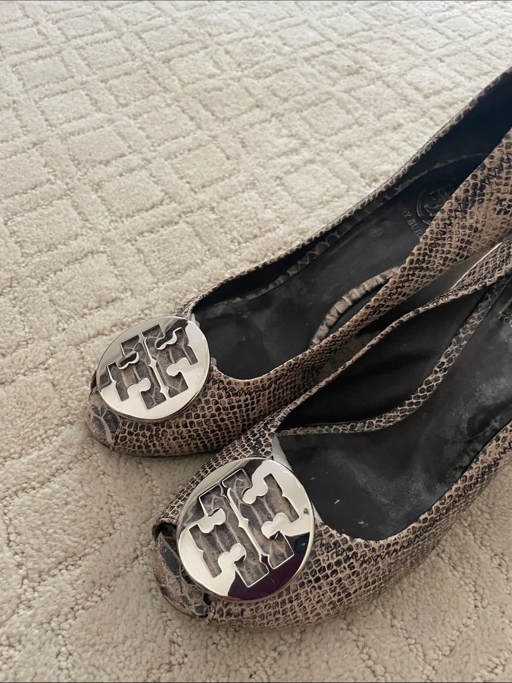 Tory Burch Snake-Embossed Peep-Toe Pumps with Silver Logo Medallions